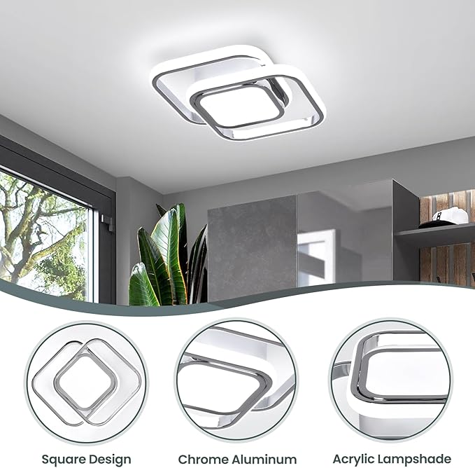 2 Packs Modern Led Ceiling Light Acrylic Square Small Ceiling Lamp Cool White 6000K Hallway Lighting Fixtures for Bedroom Kitchen Living Room Study Hallway Small Asile Lamp Corridor Lights (Chrome)