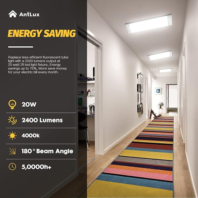 ANTLUX 2FT LED Linear Flush Mount Light, 20W/2400LM, 4000K Neutral White, 2 Foot Kitchen LED Ceiling Lighting Fixtures, 24 Inch Low-Profile Wraparound Puff Lights for Laundry Closet Garage, 2 Pack