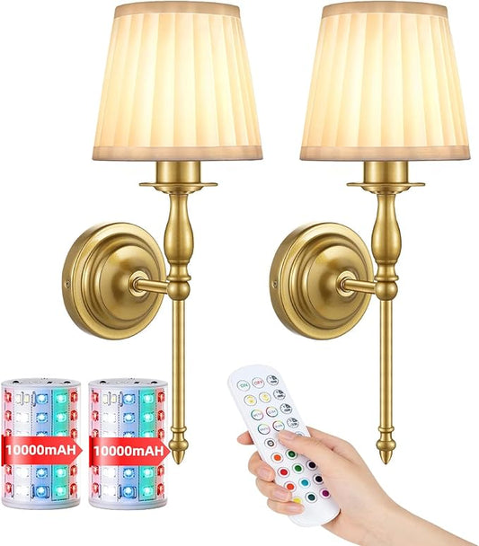 10000mAh Battery Operated Wall Sconce Set of 2,Rechargeable Wall Sconces set of Two,Vintage Gold Sconces Wall Decor,Wireless Wall Lamp,Cordless Wall Lights Living Room Bedroom (Not Peel and Stick on)