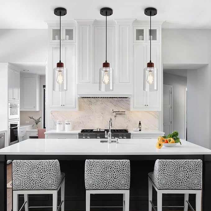 Modern Industrial Pendant Light, 3 Pack Mini Pendant Lighting with Clear Glass Shade, Adjustable Height, Rustic Wood Finish Ceiling Hanging Light Fixture for Kitchen Island Dining Room Bedroom