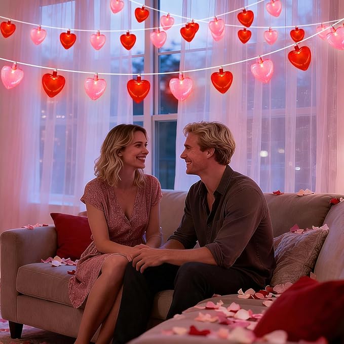 8.5Ft Red & Pink Heart String Lights, Valentine's Day Decorations Light with 10 LED Red Pink Glitter Heart Lights, Connectable Romantic Fairy Light for Wedding Valentine Anniversary Party Decor