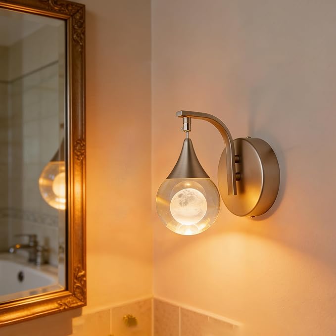 Sedelan Crystal Wall Sconce, Indoor LED Modern Wall Sconces, 5W Dimmable Moon Wall Light for Bedroom Bedside Bathroom Living Room Corridor, Sand Nickel