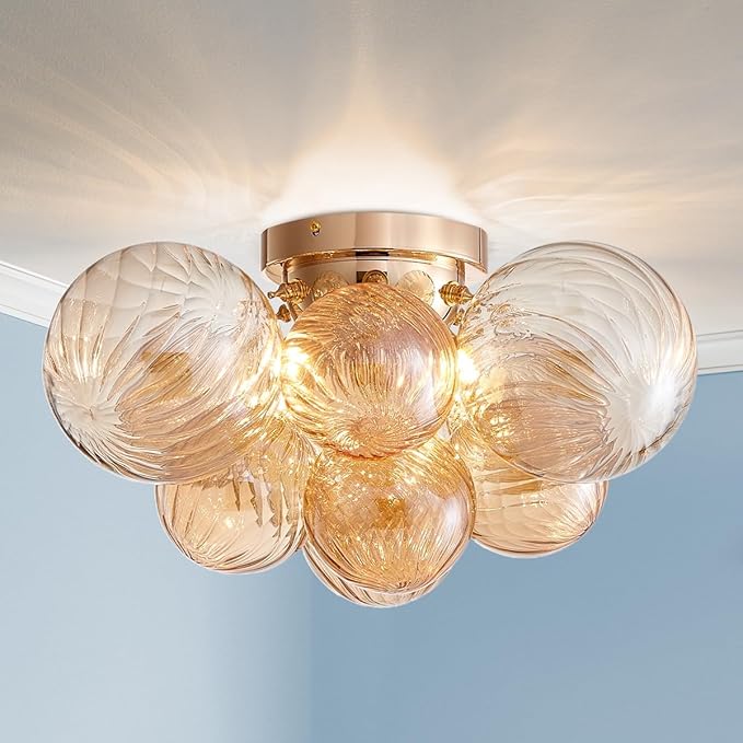 AGV LIGHTING Modern Bubble Glass Flush Mount Ceiling Light Fixture, Gold 4-Light Ceiling Chandelier with Amber Textured Glass Globe Shades, 18” Living Room Bedroom Dining Room Lighting