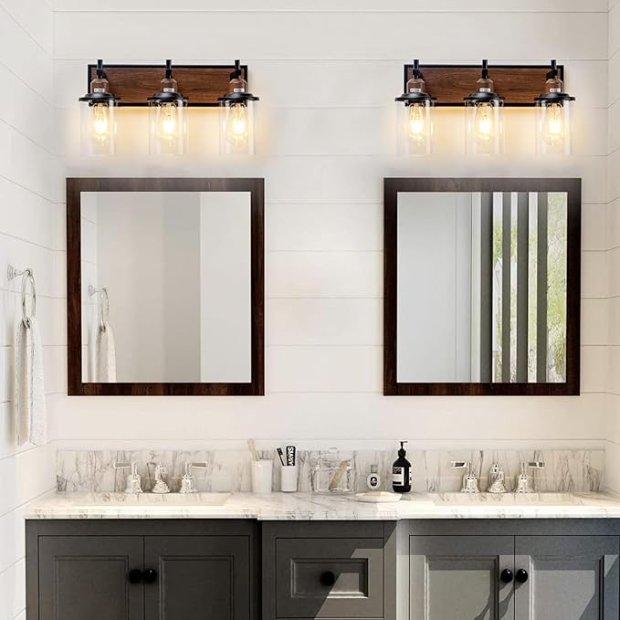 Lanhall 3-Light Farmhouse Bathroom Light Fixtures Vintage Vanity Lights Over Mirror Black and Wood Painted Metal Vanity Light with Glass Shades E26 Socket
