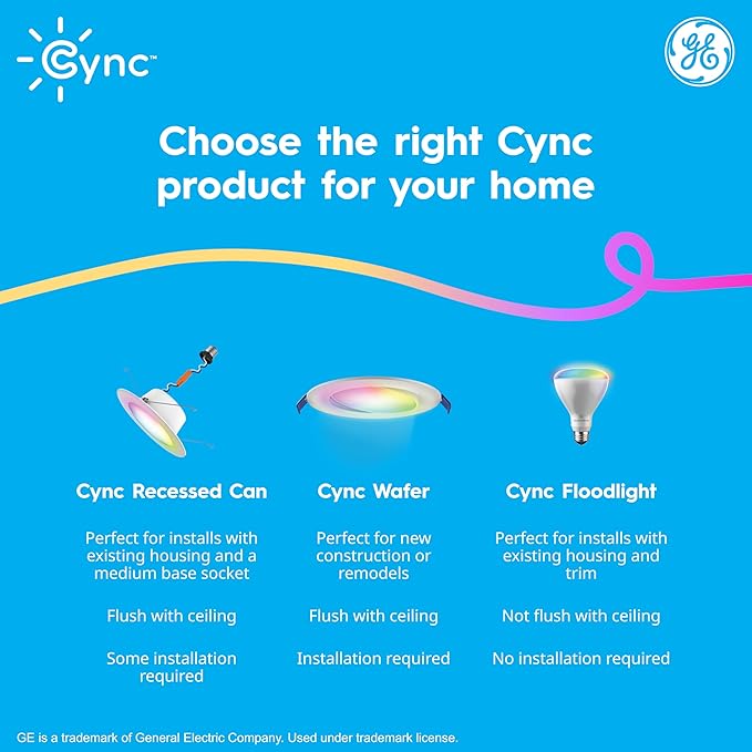 GE Cync Reveal® Smart LED Recessed Downlight, Color Changing WiFi Light, Matter Compatible, Compatible with Alexa and Google Home, 6in (3-Pack)