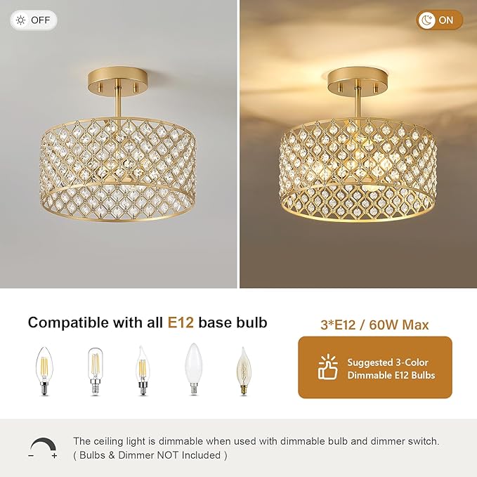 Gold Crystal Ceiling Light Fixture,Modern Semi Flush Mount Ceiling Lighting Fixture,Round Small Chandelier for Dining Room, Hallway, Entryway, Kitchen, Bedroom,Foyer,3 Light,12 inch