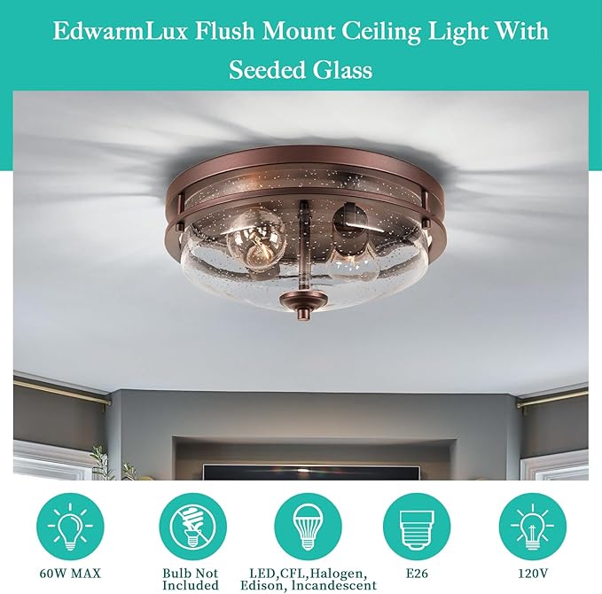Edwarmlux Flush Mount Ceiling Lights, 2-Light Farmhouse Close to Ceiling Light, Industrial Ceiling Lighting Fixture for Kitchen Hallway Bedroom Living Room Stairways Porch (Oil Rubbed Bronze)