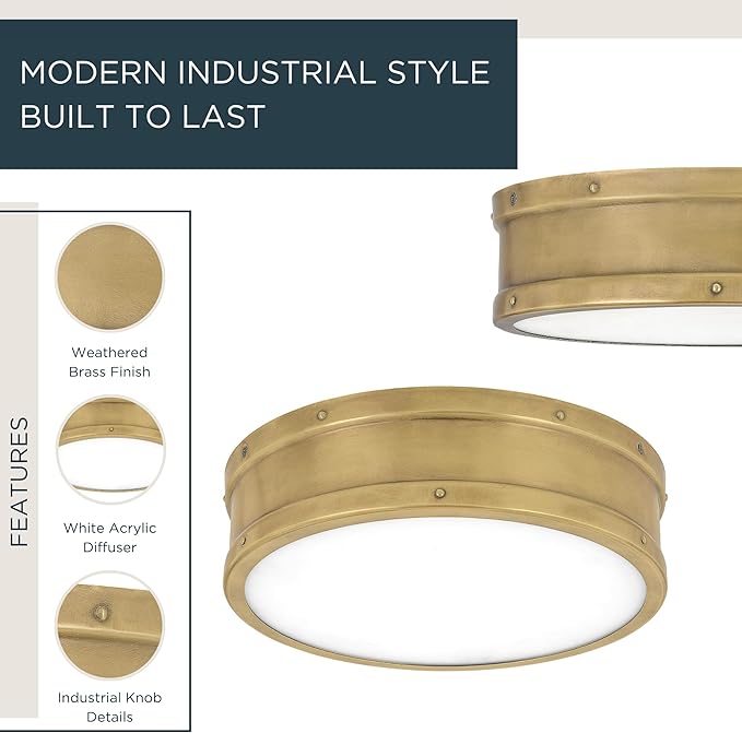 Quoizel Ahoy 12.75" Flush Mount Drum Light, Weathered Brass, Damp Location Rated, Integrated LED 1700 Lumens, Dimmable