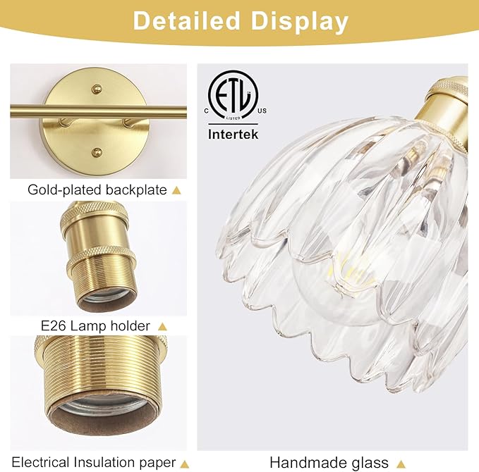 Vintage Bathroom Light Fixtures,2-Light Hardwired Vanity Lights with Clear Tulip Glass Shade,Gold Bathroom Vanity Light for Mirror Restroom,E26 Socket,14.57 in(Bulbs Not Included)