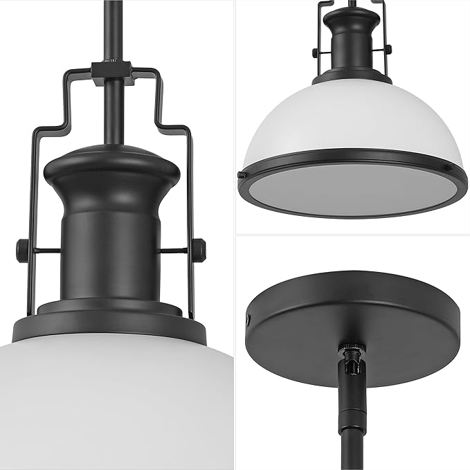 JONATHAN Y 13" Matte Black/White Modern Industrial Iron LED Dome Pendant Light, Adjustable Hanging Fixture for Kitchen Island or Entryway, Black Metal Shade, LED Bulb Included (JYL9536E)