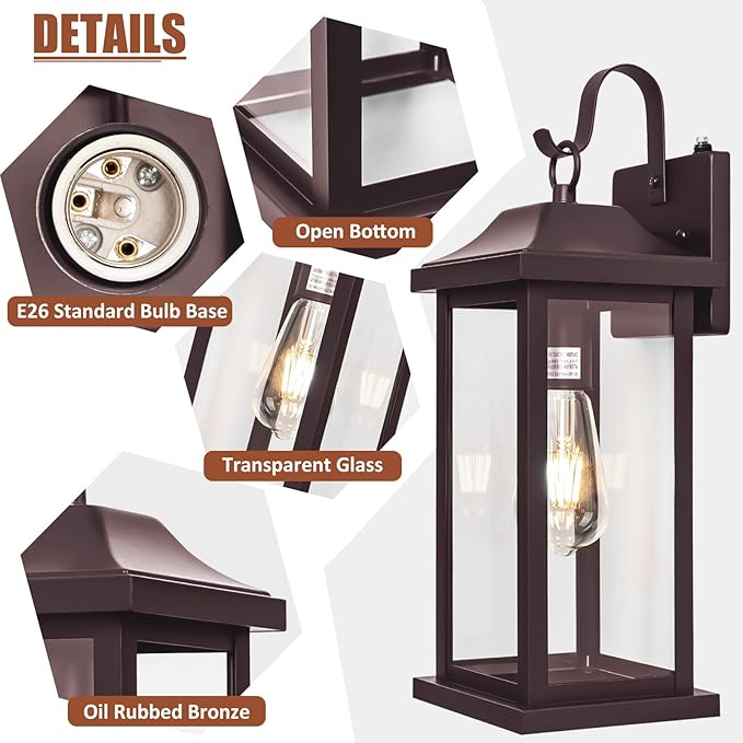 Dusk to Dawn Outdoor Wall Sconces Bronze 2-Pack 17 Inch Large, IP65 Waterproof Exterior Light Fixtures Porch Lights Brown with Clear Tempered Glass E26 Outdoor Light Fixture Anti-Rust