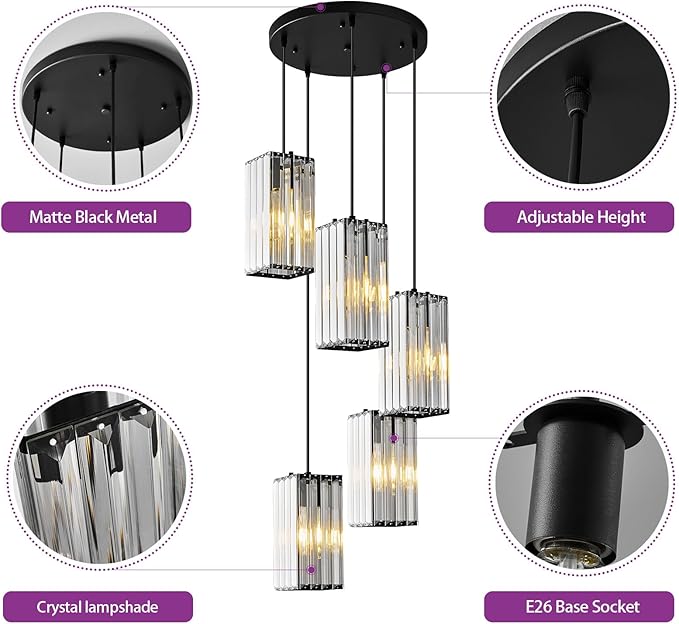 Modern Pendant Light Black Rectangle Pendant Lighting Mini Crystal Chandeliers Adjustable Pendant Light Fixture for Kitchen Island Dinning Room Living Room Corridor Bedroom(Black 5-Light)