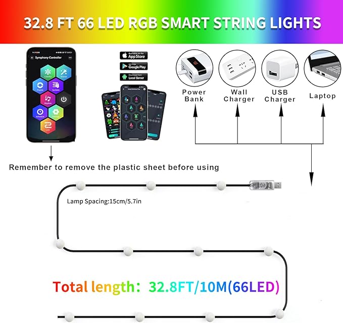 33Ft Smart Globe String Lights, Color Changing LED String Lights, Fairy Lights USB Plug in with Remote & App for Indoor Outdoor Christmas Party Camping Tree Tent Decor, Halloween