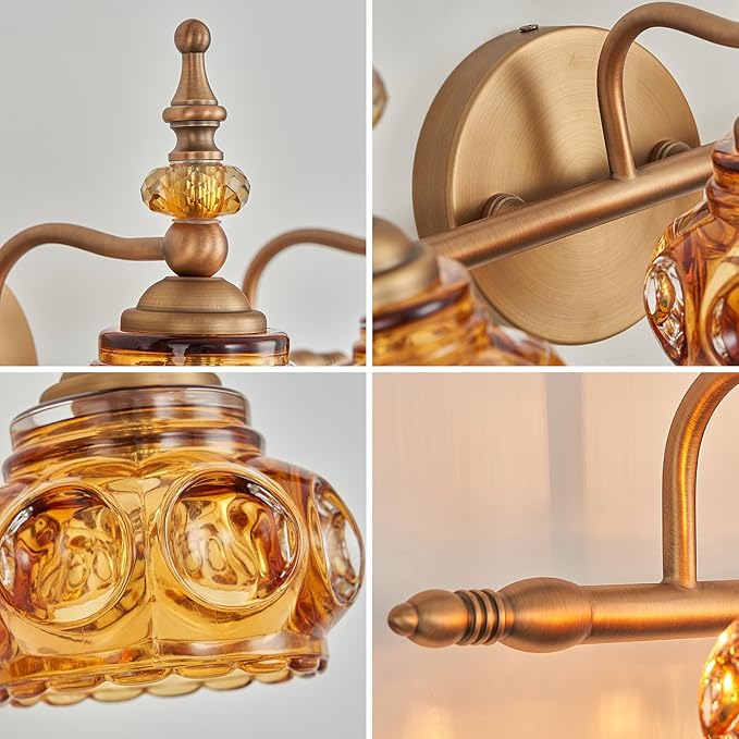 Vintage Bathroom Vanity Light Fixtures, 3-Light Brass Vanity Wall Light Over Mirror with Amber Glass Shade for Bathroom Bedroom Living Room