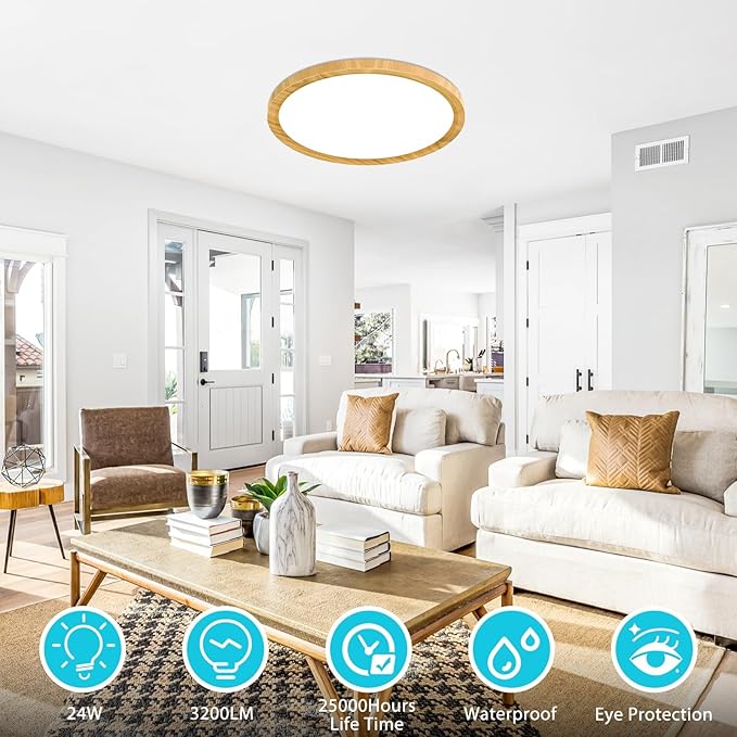 libtit 2 Pack 12Inch Wooden LED Flush Mount Ceiling Light, 28W 3200lm Adjustable 3000K-6500K Color Temp | Round Lamp for Bathroom/Shower/Hallway/Kitchen