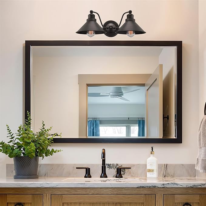 Kira Home Welton 19" 2-Light Modern Farmhouse Vanity Light with Dual Funnel Shades, Industrial Dark Bronze Wall Sconce Bathroom Light, Brushed Dark Bronze Finish