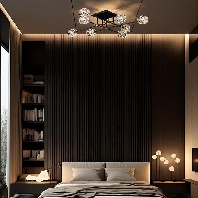 8-Light Crystal Ceiling Light Fixture Black and Gold Semi Flush Mount Ceiling Light Modern Chandeliers for Dining Room Kitchen Island Living Room Bedroom