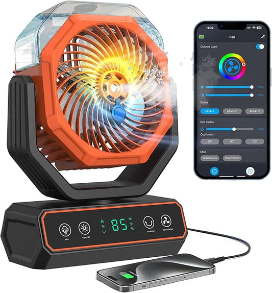 Misting Fan Portable,Personal Fan with Smart APP Remote Control,40000mAh Rechargeable Battery Powered Desk Fan with RGB Lights,Timer,5 Speed Mister Fan for Travel,Camping,Tents,Beach,Office,Outdoor