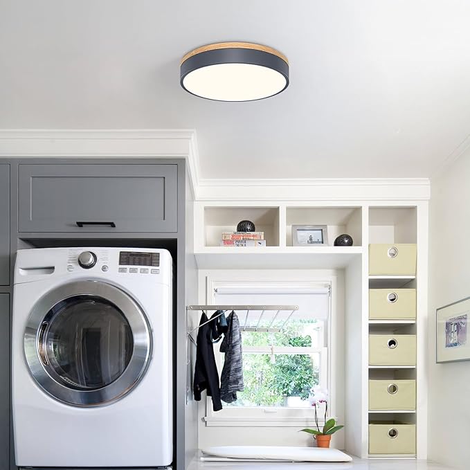 WOKNOS Dimmable Wood Oak Ceiling Light Fixture Modern Gray LED Flush Mount Ceiling Light 5CCT Minimalist Circle Close to Lighting Fixture for Bedroom Kitchen Bathroom Laundry Room 11.81 Inch