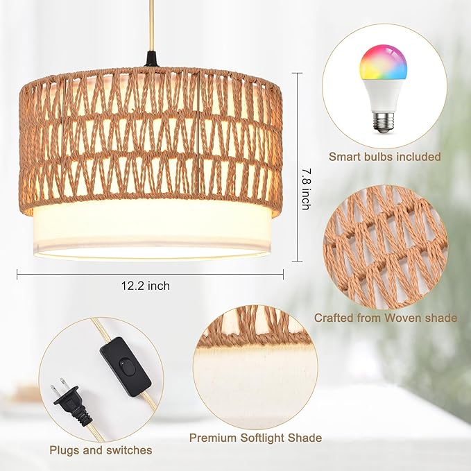 ZSLAIFU Hanging Lamp Plug in Pendant Light, 15FT Hanging Lights with Plug in Cord, Hanging Light with Smart RGBCCT Bulb and Remote, Hanging Lamps for Bedroom, Living Room, Kitchen, Farmhouse