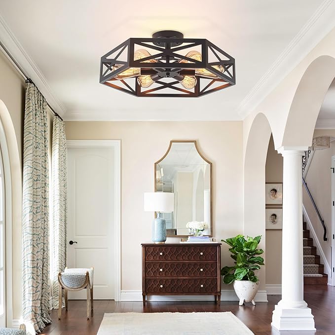 Semi Flush Mount Ceiling Light, Black Large 6-Light Fixtures Ceiling Mount with Hexagon Cage, Metal Industrial Close to Ceiling Light for Hallway, Kitchen, Bedroom (Black, 19.68''L)