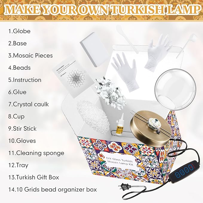Baquler Turkish Mosaic Lamp Kit DIY Stained Glass Decorative Table Bedside Night Light Tabletop Bohemian Moroccan Lamp Craft Kit for Living Room Decorations (White)