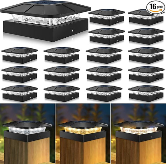 Peasur 4x4 Solar Post Cap Lights Outdoor with 3 Modes, 16 Packs Fence Light Solar Powered Waterproof for Wood/Vinyl Posts for Deck Yard Garden Patio Outside