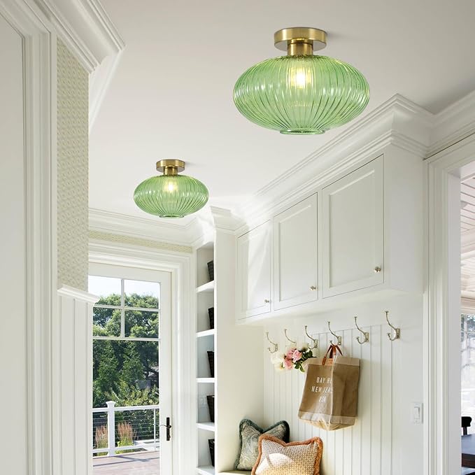 BOKT Green Stripe Glass Semi Flush Mount Ceiling Light 1-Light Mid-Century Modern Close to Ceiling Light Kitchen Ceilings Light Fixture E26 Glass Ceiling Lamp for Bedroom Hallway