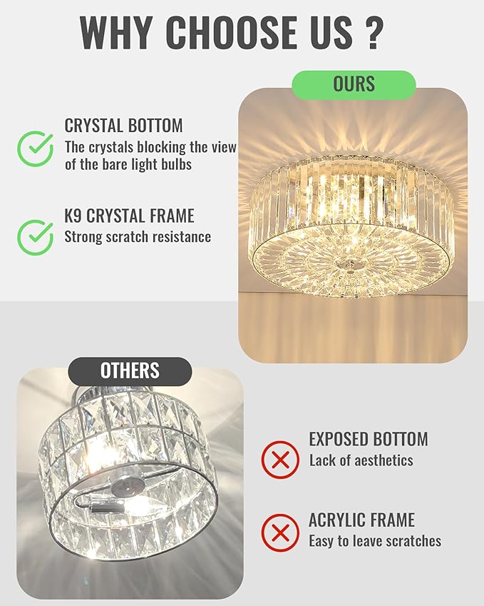 17.5" Large Crystal Ceiling Light, 4-Lights Flush Mount Crystal Ceiling Light, Chrome Ceiling Lamp Modern Chandelier for Bedroom, Dining Room,Living Room, XDD007-4-CH