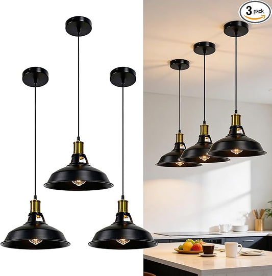 3 Light Pendant Lighting, Farmhouse Hanging Light Fixture for Kitchen Island & Dining Room, Industrial Vintage Ceiling Lamp with E26 Base, Adjustable Height, Black and Gold with Metal Shade