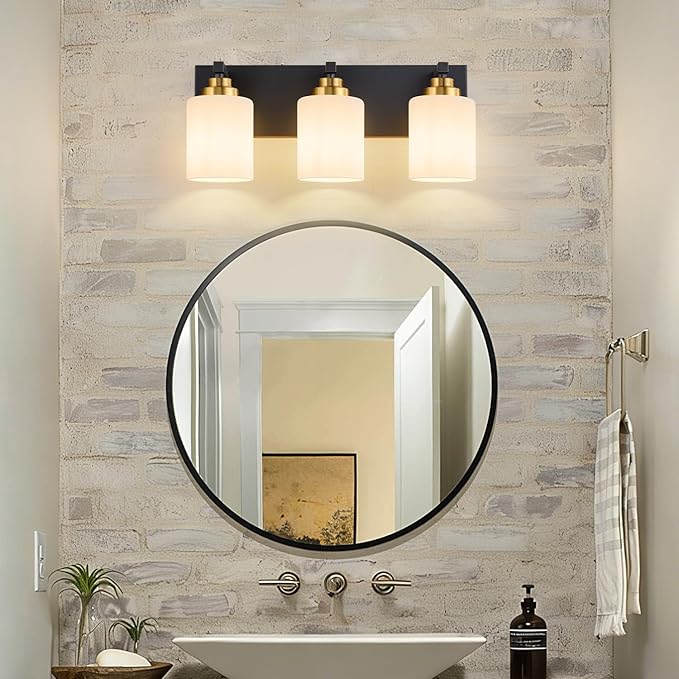 Vanity Lights for Bathroom, 3-Light Black and Gold Bathroom Vanity Light Over Mirror with Milky White Glass Shades, Modern Bathroom Light Fixtures for Living Room Hallway Cabinet (Bulbs Not Included)