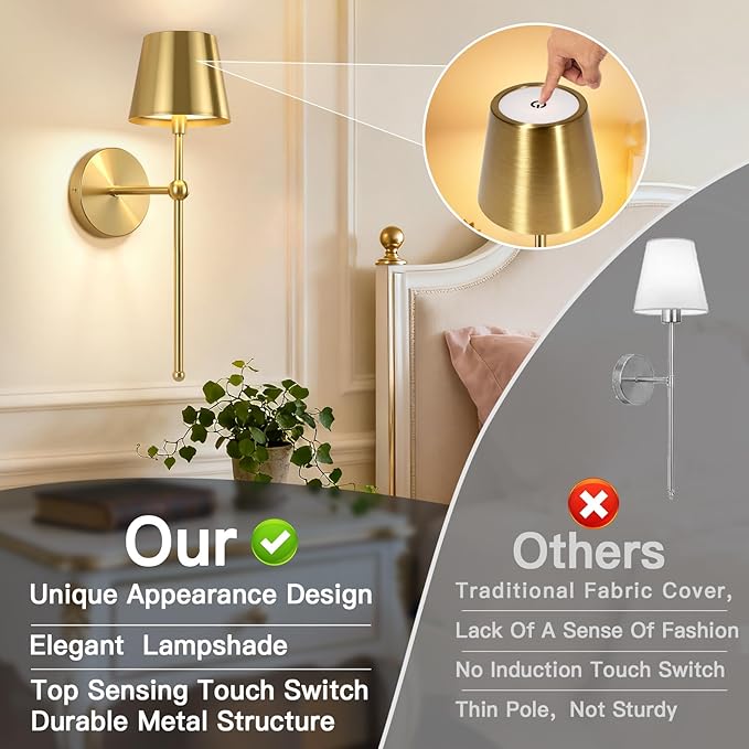 TaoFiaCo Battery Operated Wall Sconces Set of 2, Wireless Wall Sconce with Remote Dimmable Timer, Rechargeable 5200mAh, Cordless Gold Wall Light for Bedroom Living Room, Hallway, Light Decor