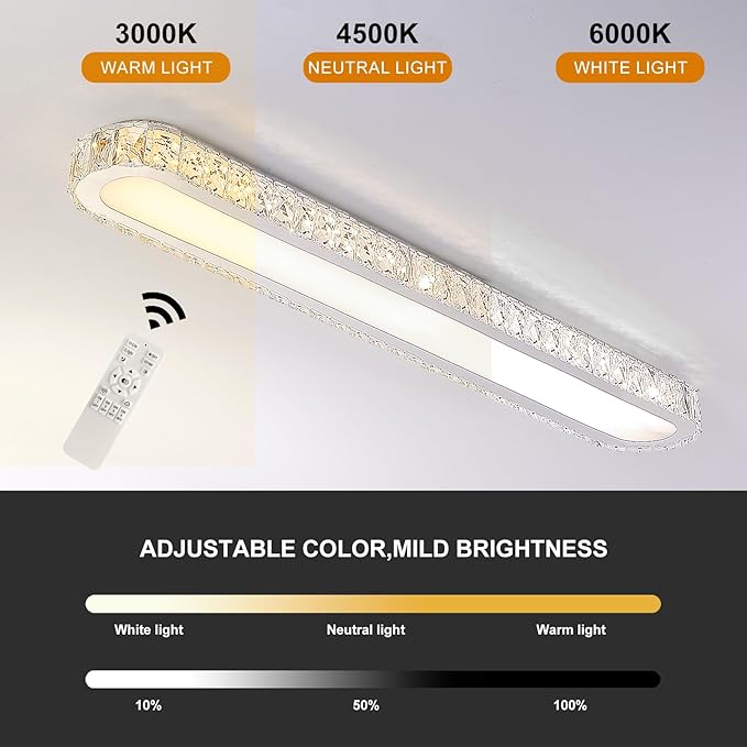 Qcyuui Dimmable LED Ceiling Light 39.4'' Kitchen Lighting Fixtures Ceiling Modern Luxury Crystal Ceiling Light with Remote Chrome Long Ceiling Light Fixture for Kitchen Dining Room Hallway,48W