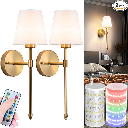 Battery Operated Wall Sconces Set Of 2, Wireless Battery Wall Light With 10000mAh RGB Rechargeable Magnetic Bulb, Rechargeable Wall Sconce With Remote Control For Bedroom, No Electrician Required