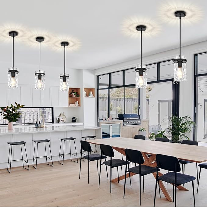 Modern Black Pendant Lights Kitchen Island, Hammered Glass Kitchen Pendant Lighting Over Island Adjustable Hanging Hallway Light Fixtures Mini Chandelier for Dining Room Bathroom Entryway