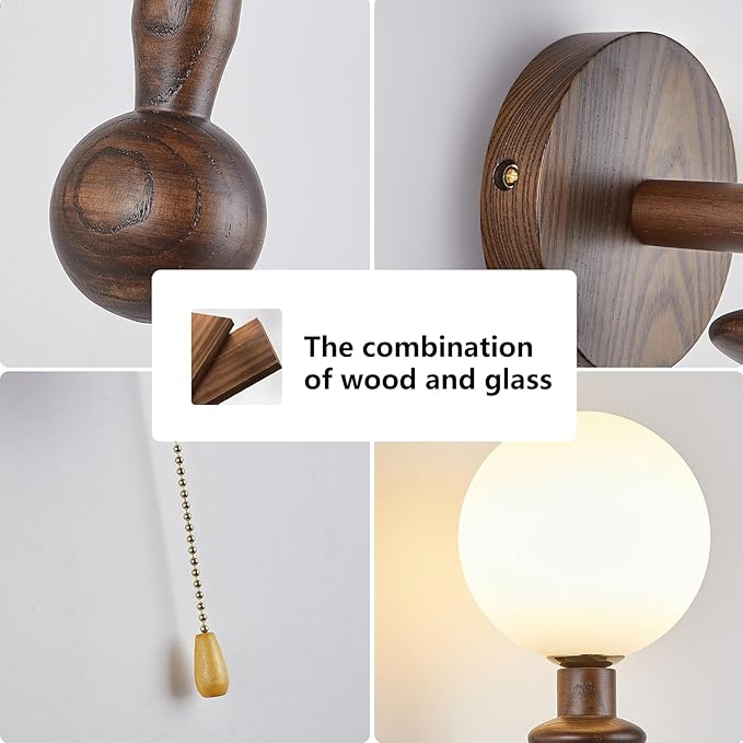 Wood Wall Sconce,Industrial Globe Wall Sconce,Modern Bedroom Vanity Wall Light fixtures with White Globe Glass Lampshade for Living Room、dinging Room