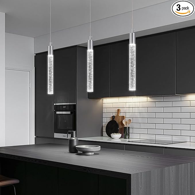 Modern Kitchen Island Pendant Light Dimmable LED Chrome Finish Mini Crystal Pendant Lighting Bedroom Bedside Table Small Pendant Lights（3-Pack）