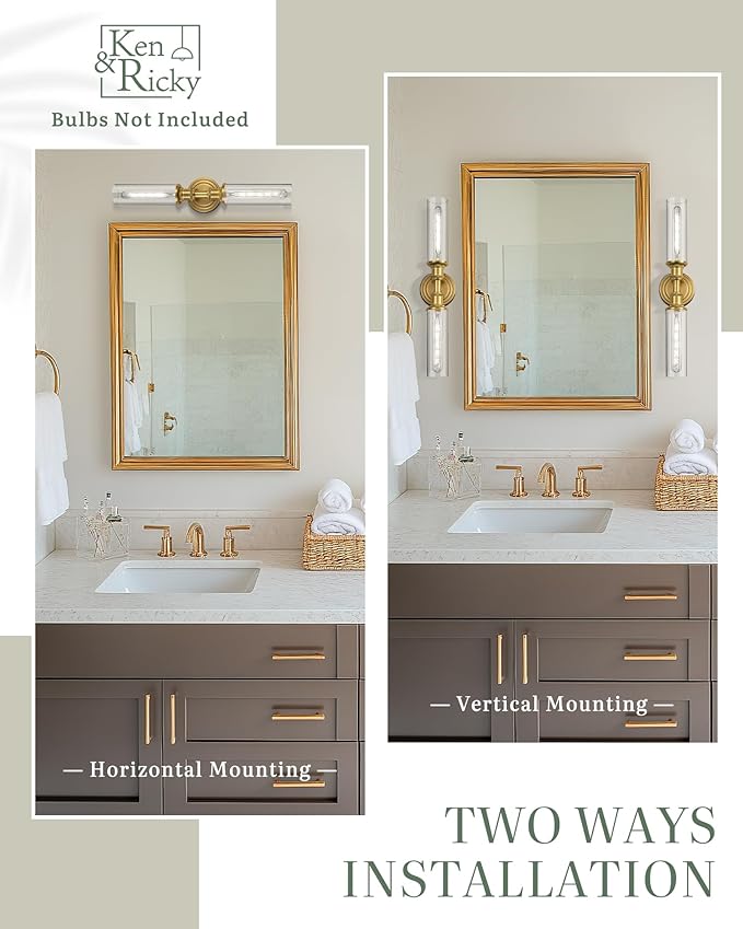 Ken & Ricky 24" Modern Bathroom Sconces Wall Lighting,Brushed Gold Wall Sconce Vanity Lights with Clear Glass for Bathroom Living Room Bedroom KR3376-W-BG-1PK