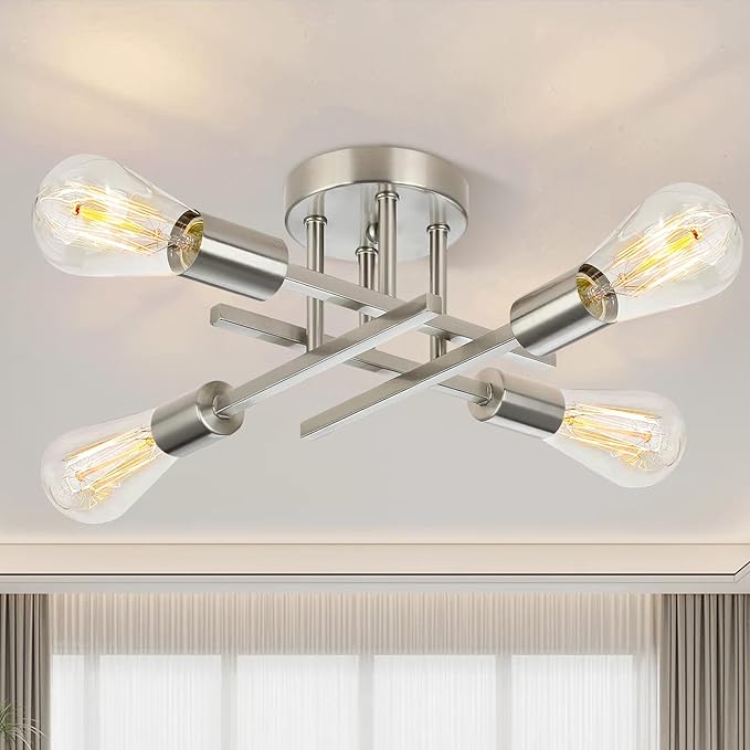 Ceiling Light, Dining Room Light Fixture with E26 Base, Semi Flush Mount Ceiling Light Fixture, Kitchen Lighting Fixtures Ceiling, 4-Light Matte Nickle Chandelier for Bedroom