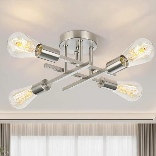 Ceiling Light, Dining Room Light Fixture with E26 Base, Semi Flush Mount Ceiling Light Fixture, Kitchen Lighting Fixtures Ceiling, 4-Light Matte Nickle Chandelier for Bedroom