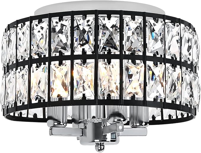 Black Chrome Crystal Ceiling Light, 4-Light 11.2 Inch Modern Flush Mount Chandelier, Crystal Flush Mount Ceiling Light Fixture for Bedroom, Kitchen, Bathroom, Hallway, Dining Room, Entryway