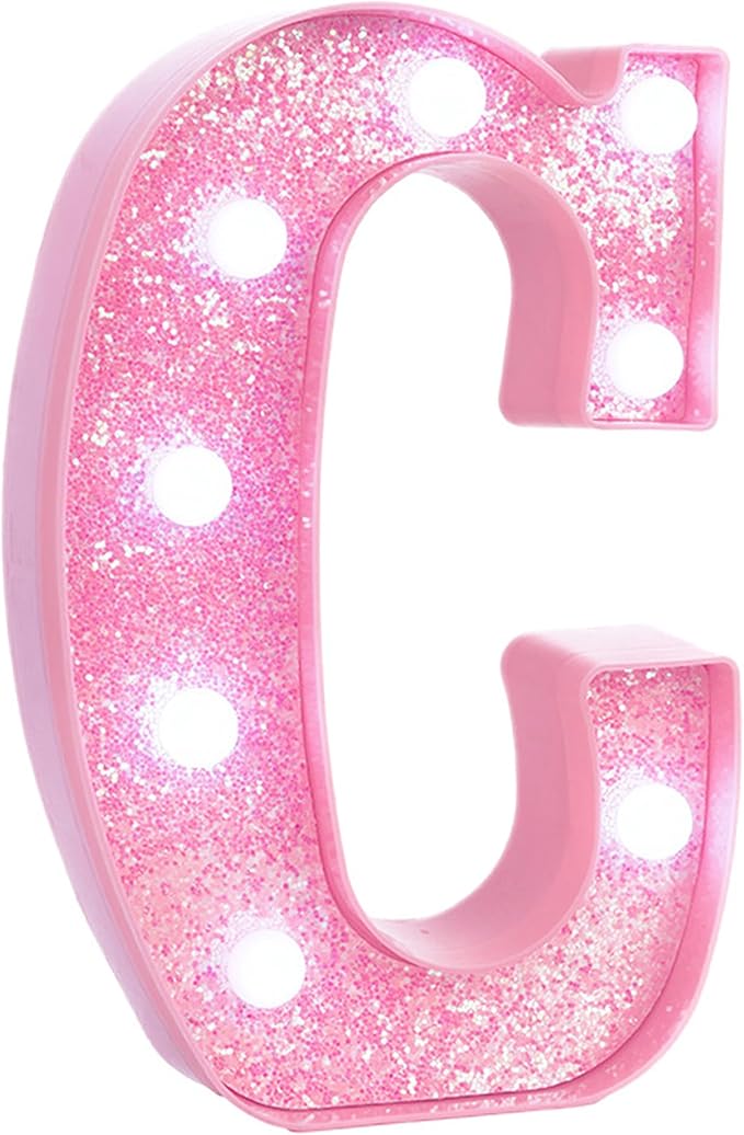 Pink Marquee Light Up Letters, Glitter Alphabet LED Letter Lights for Pink Birthday Party Decorations, Battery Operated Letter Sign for Girls Room Vanity Table Decor, Cool White Lights Letter C