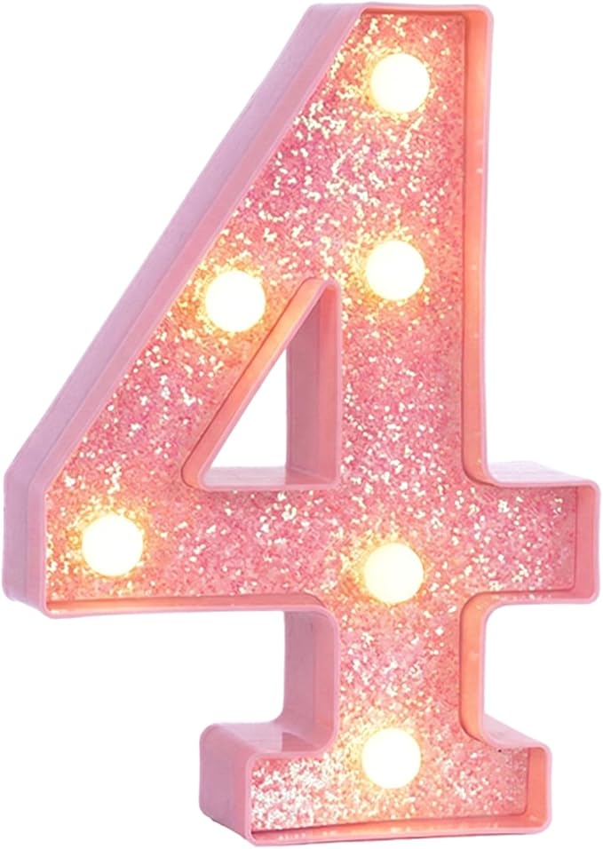 Pink Light Up Marquee Numbers, Glitter LED Number Lights Signs Battery Operated for Girls 4th 14th 24th Pink Birthday Party Table Decorations, 8 Inch Tall Number 4 with Warm White Lights