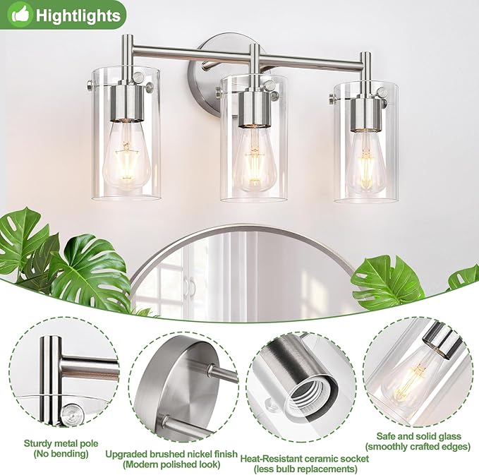 Indoi 3-Light Brushed Nickel Bathroom Vanity Light Fixtures, Clear Glass Shade Wall Sconces for Mirror, Bedroom, Living Room, Hallway