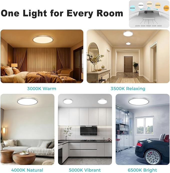 libtit 2Pack 15inch LED Flush Mount Ceiling Light, Dimmable & 5Color Temperatures (3000K-6500K), 30W Round Slim Brushed Nickel Light Fixture for Bedroom Livingroom Garage Kitchen