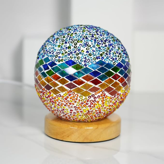 Turkish Table lamp (D:4.7" x H:5.2"),Mosaic Glass Lamps with Wooden Base, Bohemian Tiffany Bedside Lamps, USB Power Moroccan Lantern for Living Room Decorations (Mediterranean - Blue, Mediterranean)