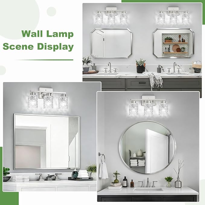 Brushed Nickel Bathroom Light Fixtures, 3-Light Modern Bathroom Vanity Wall Light, Vanity Lights for Mirror, Wall Sconces with Clear Textured Glass (E26 Socket, Bulbs Not Included)