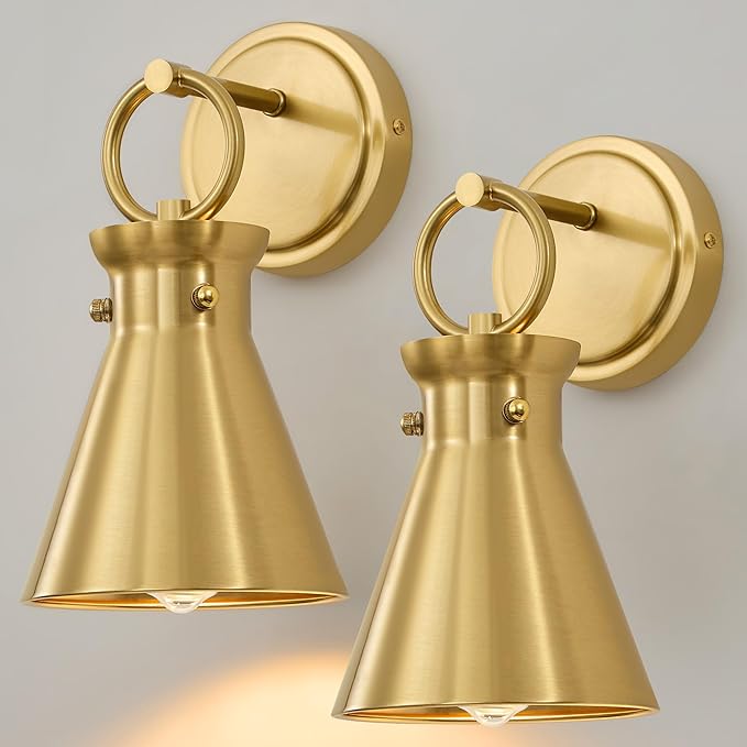 Gold Wall Sconces for Bathroom, Modern Vanity Light Fixtures, Wall Mount Lighting Farmhouse Wall Lights with 6 Inch Metal Lampshade for Bedroom Living Room Mirror Kitchen (Gold Metal, 2 Pack)