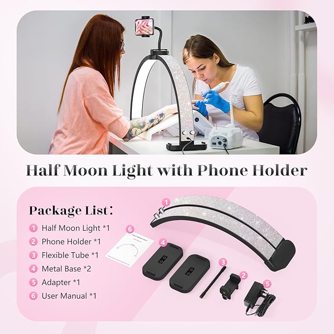Half Moon Manicure Table Light: 31-inch Half Moon Light For Nail Desk With Phone Holder - AB Crystal Nail Tech Lamp For Beginner DIY - 48W Professional Nails Bright Desk Lamp for Salon,Lash,Tattoo