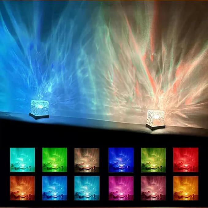 Ocean Wave Projector Light, 16-Color LED Cube Lamp with Remote, 3D Water Ripple Projection, Romantic Ambient Lighting for Kids Room, Relaxation, Bedroom, Bathroom & Night Light